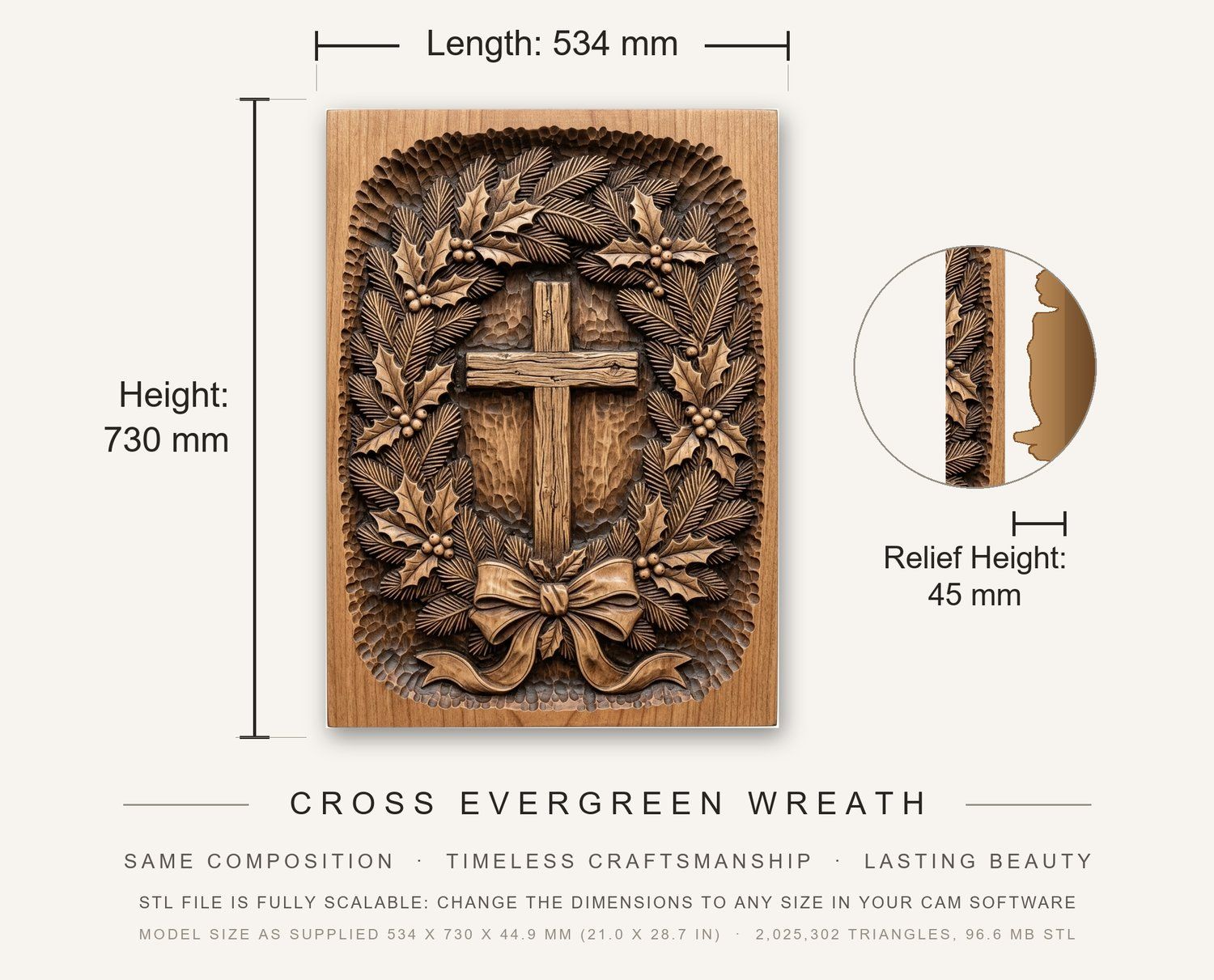 Cross Evergreen Wreath CNC Relief STL bas-relief STL — view 3