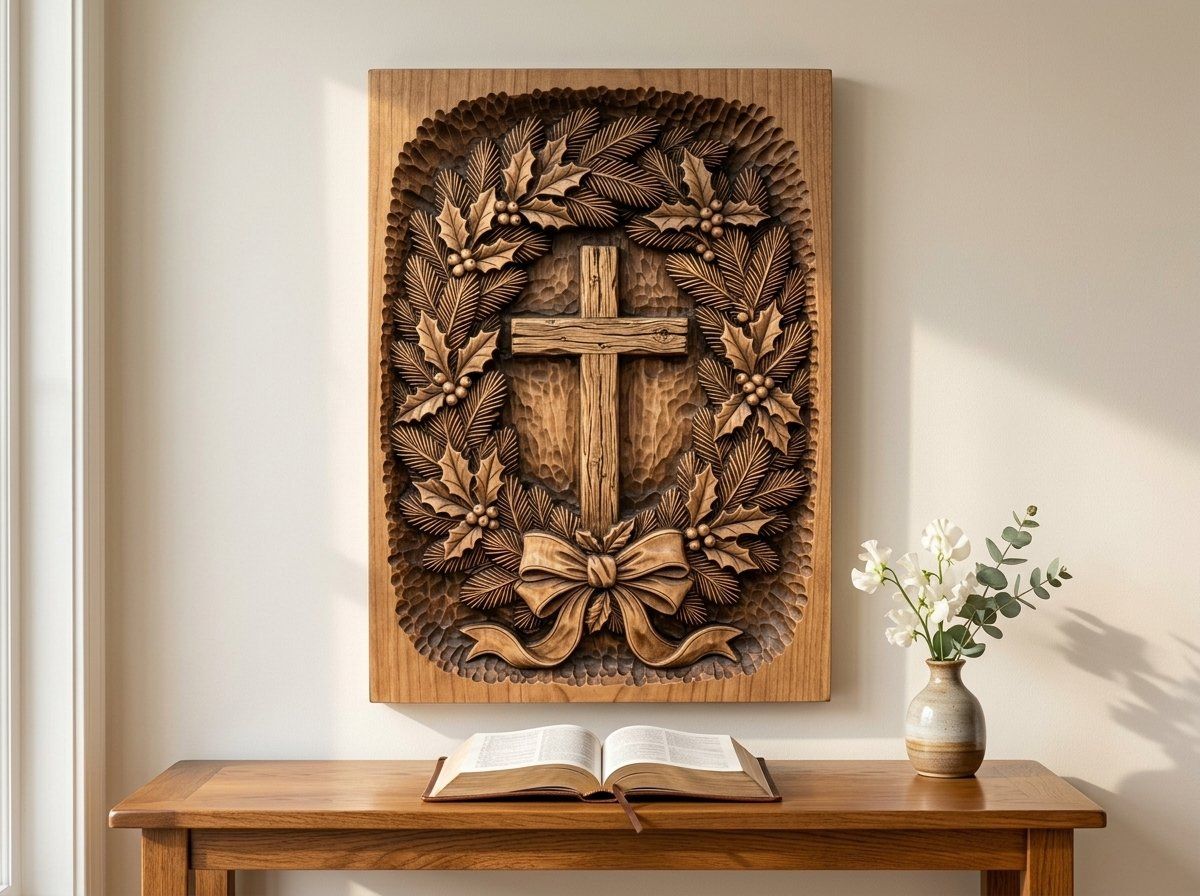 Cross Evergreen Wreath CNC Relief STL bas-relief STL — view 12