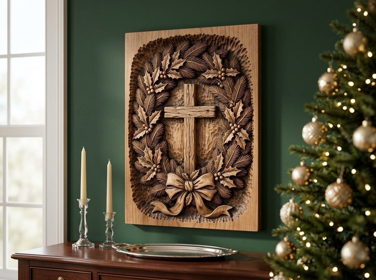 Cross Evergreen Wreath CNC Relief STL bas-relief STL — view 13