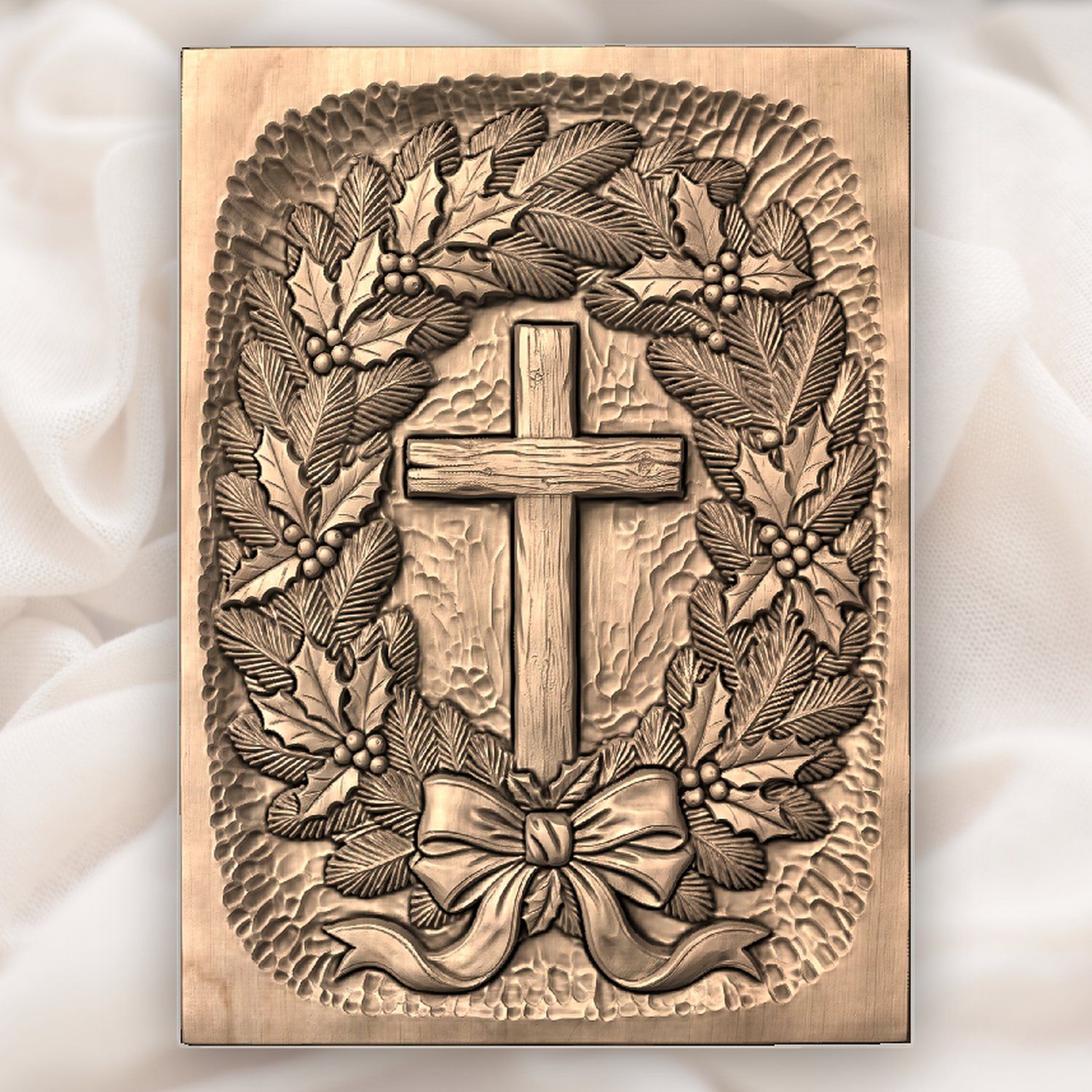 Cross Evergreen Wreath CNC Relief STL bas-relief STL — view 4