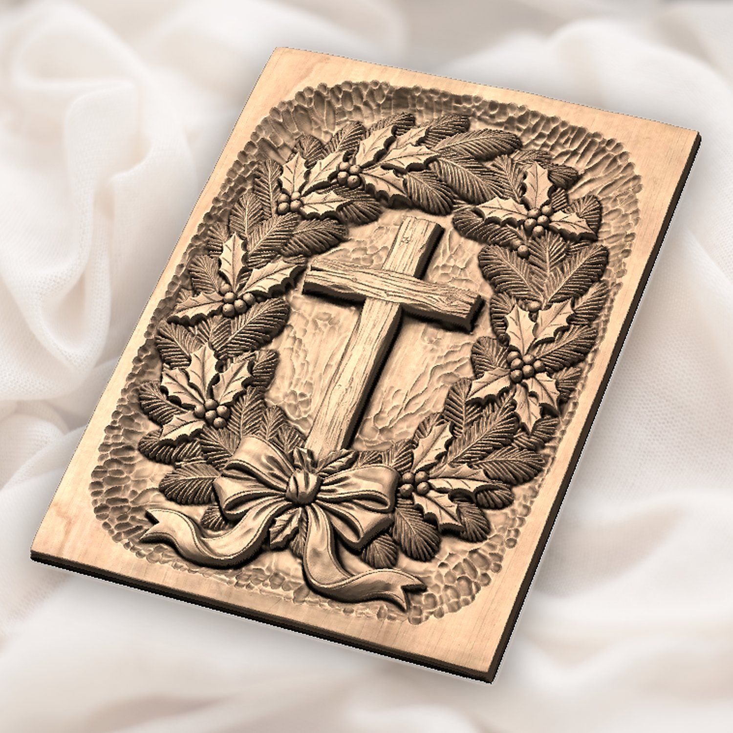 Cross Evergreen Wreath CNC Relief STL bas-relief STL — view 5