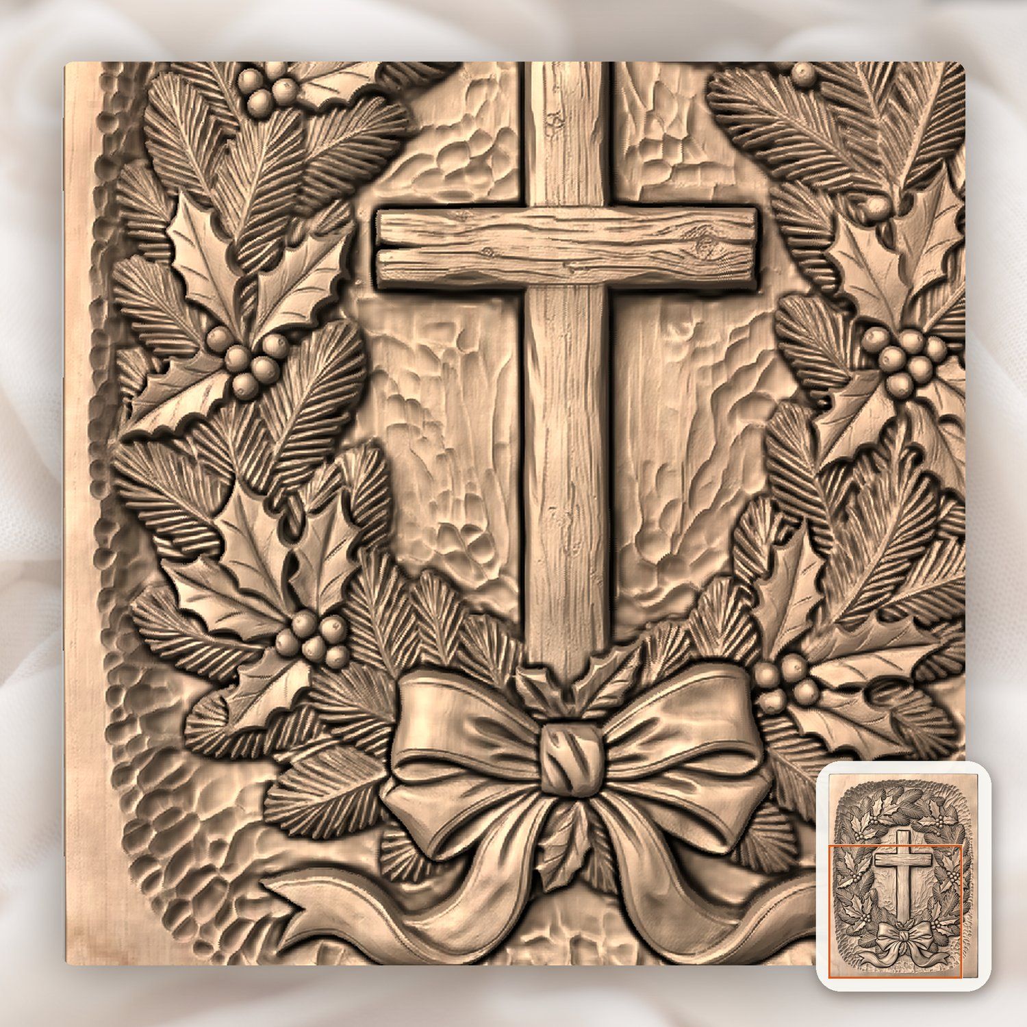 Cross Evergreen Wreath CNC Relief STL bas-relief STL — view 6