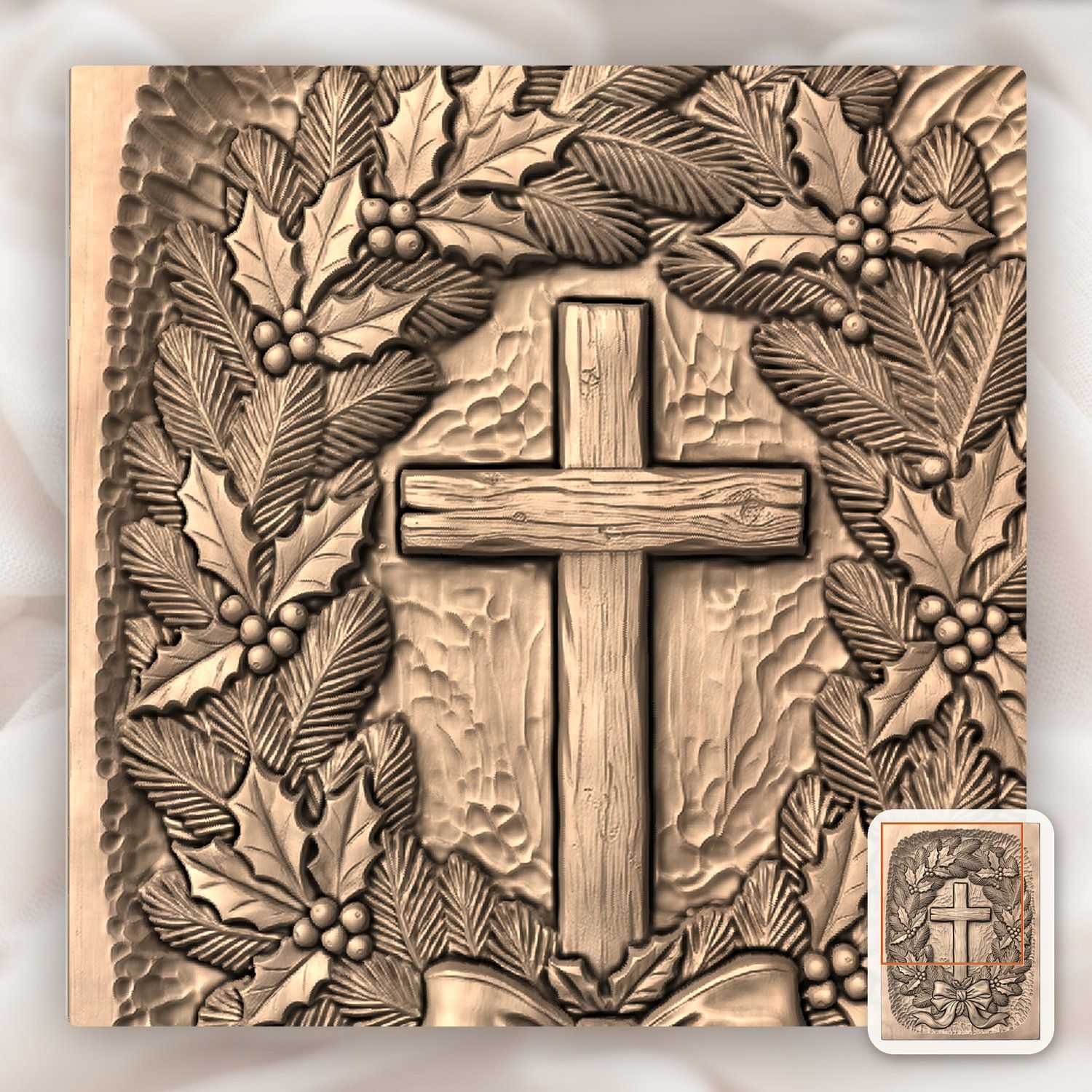 Cross Evergreen Wreath CNC Relief STL bas-relief STL — view 7