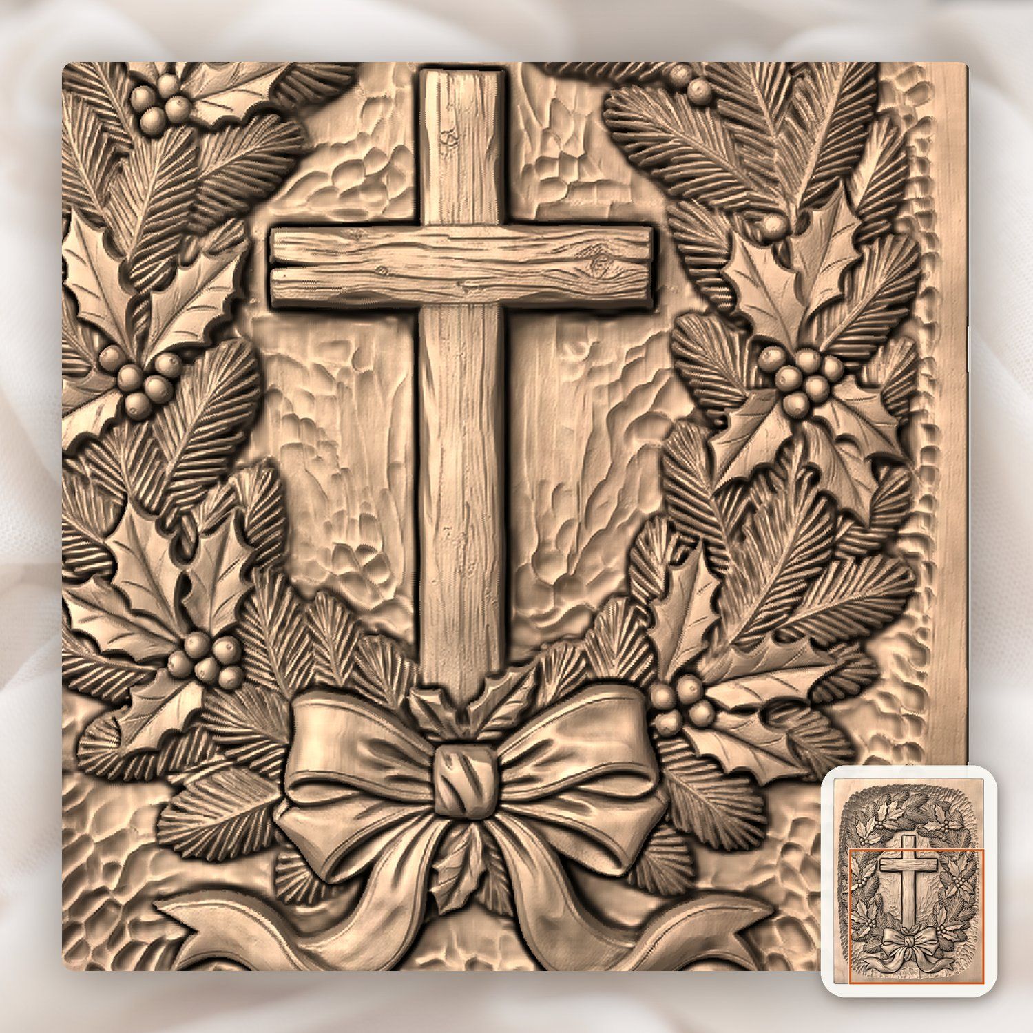 Cross Evergreen Wreath CNC Relief STL bas-relief STL — view 8