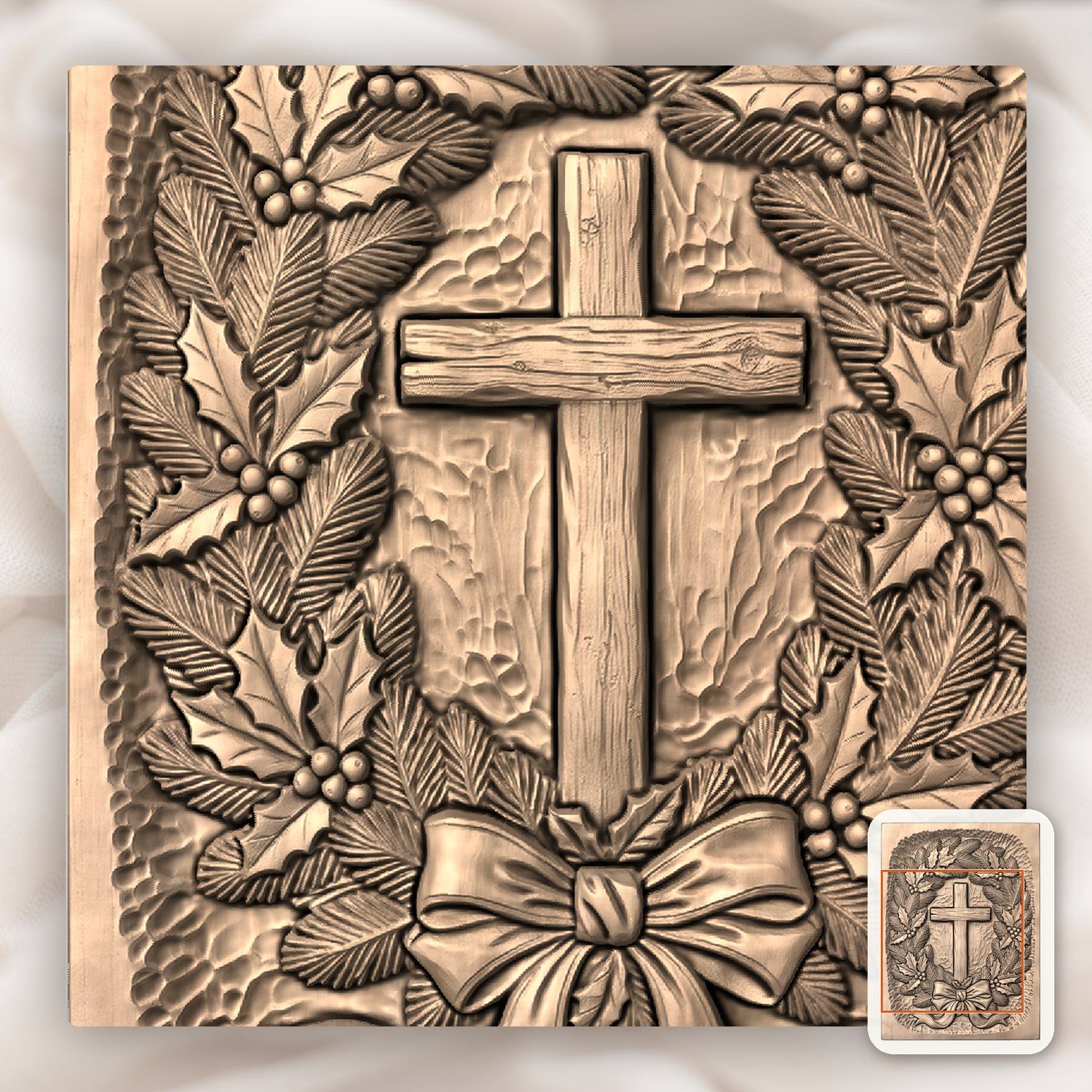 Cross Evergreen Wreath CNC Relief STL bas-relief STL — view 9