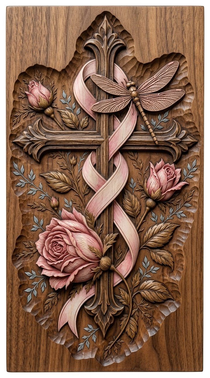 Cross Rose Dragonfly Memorial CNC Relief STL | Religious Wood Carving Design | Sacred Faith Wall Art Panel — carved bas relief STL file for CNC