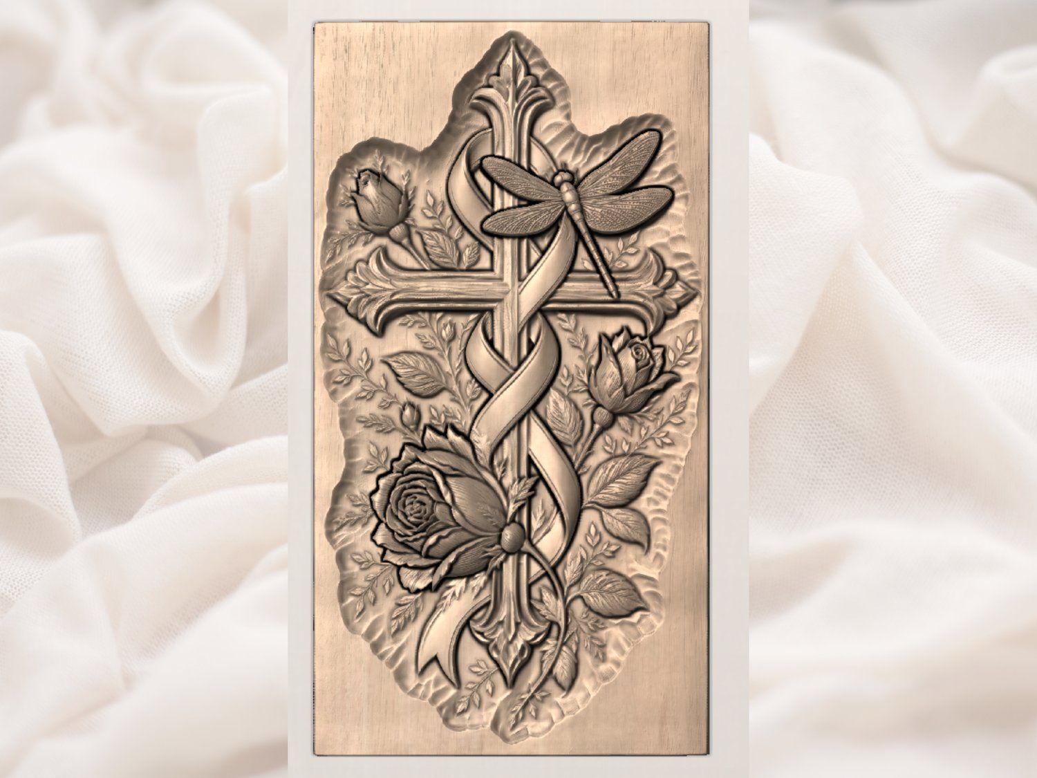 Cross Rose Dragonfly Memorial CNC Relief STL bas-relief STL — view 3
