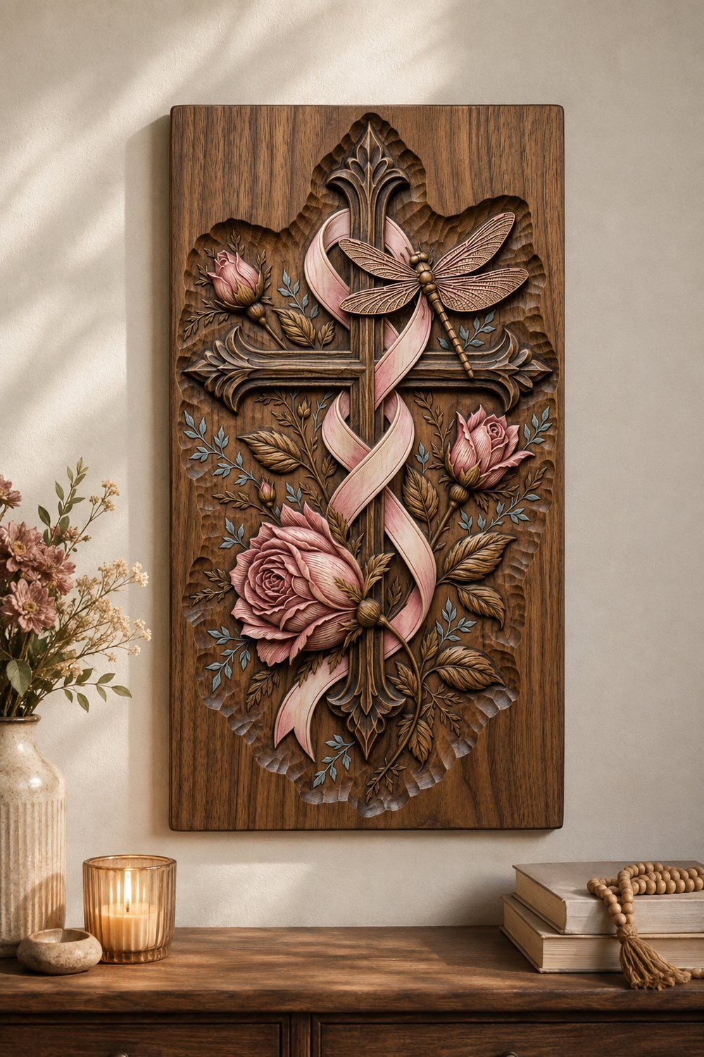 Cross Rose Dragonfly Memorial CNC Relief STL bas-relief STL — view 6