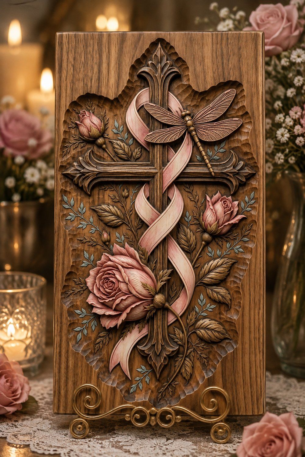 Cross Rose Dragonfly Memorial CNC Relief STL bas-relief STL — view 7