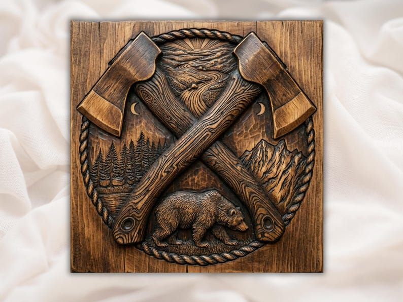Carved wood relief of two crossed axes over a rope circle with a bear, pine forest, mountains and moon
