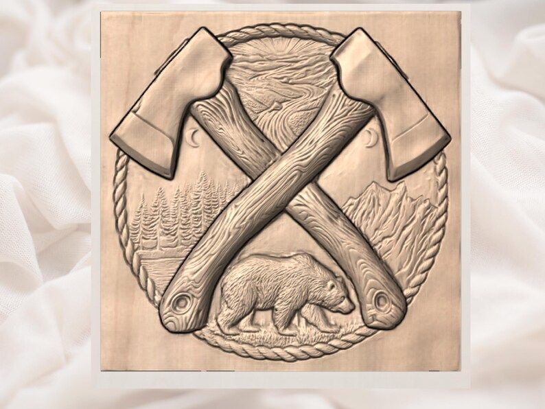 Crossed Axes and Bear Mountain Emblem Bas-Relief STL bas-relief STL — view 2
