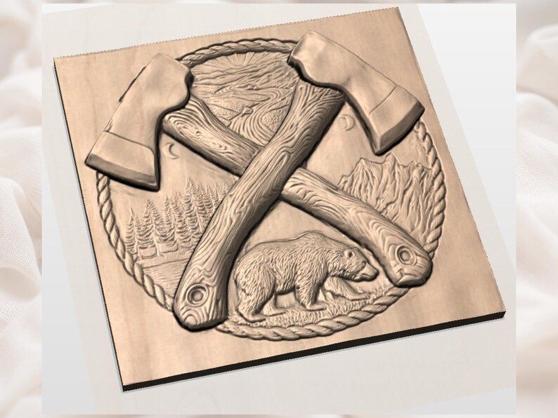 Crossed Axes and Bear Mountain Emblem Bas-Relief STL bas-relief STL — view 3