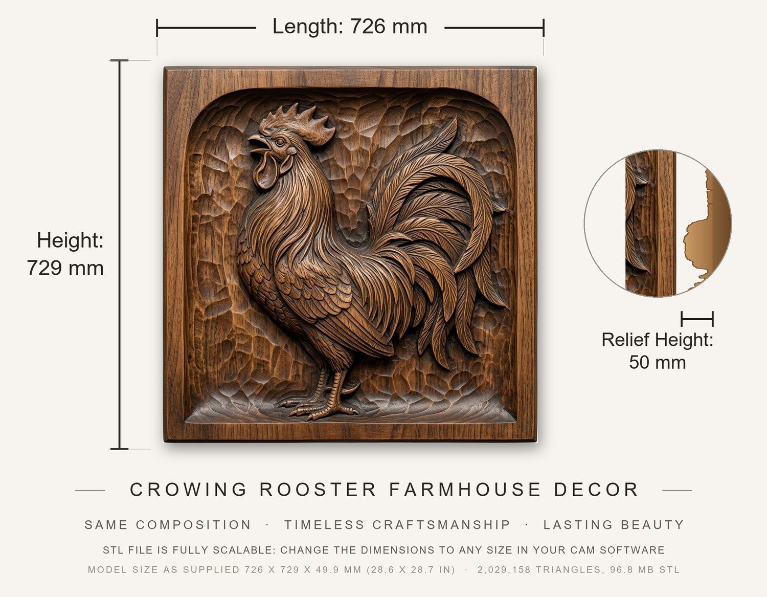 Crowing Rooster Farmhouse Decor CNC Relief STL bas-relief STL — view 3
