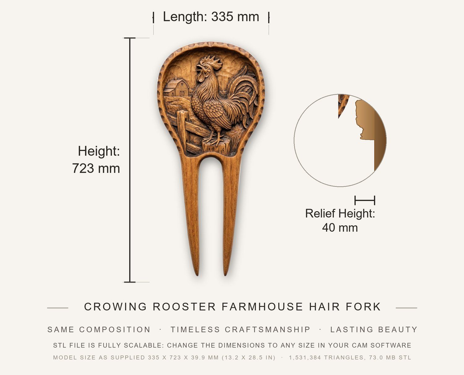 Crowing Rooster Farmhouse Hair Fork CNC Relief STL bas-relief STL — view 4