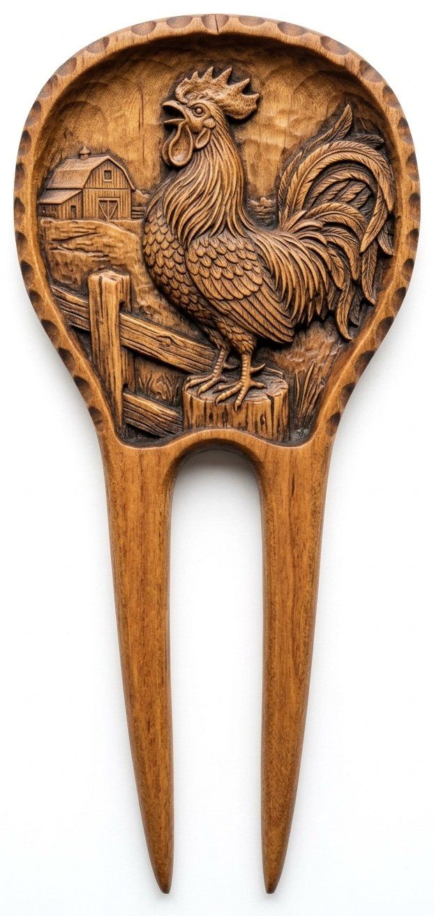 Crowing Rooster Farmhouse Hair Fork CNC Relief STL bas-relief STL — view 9