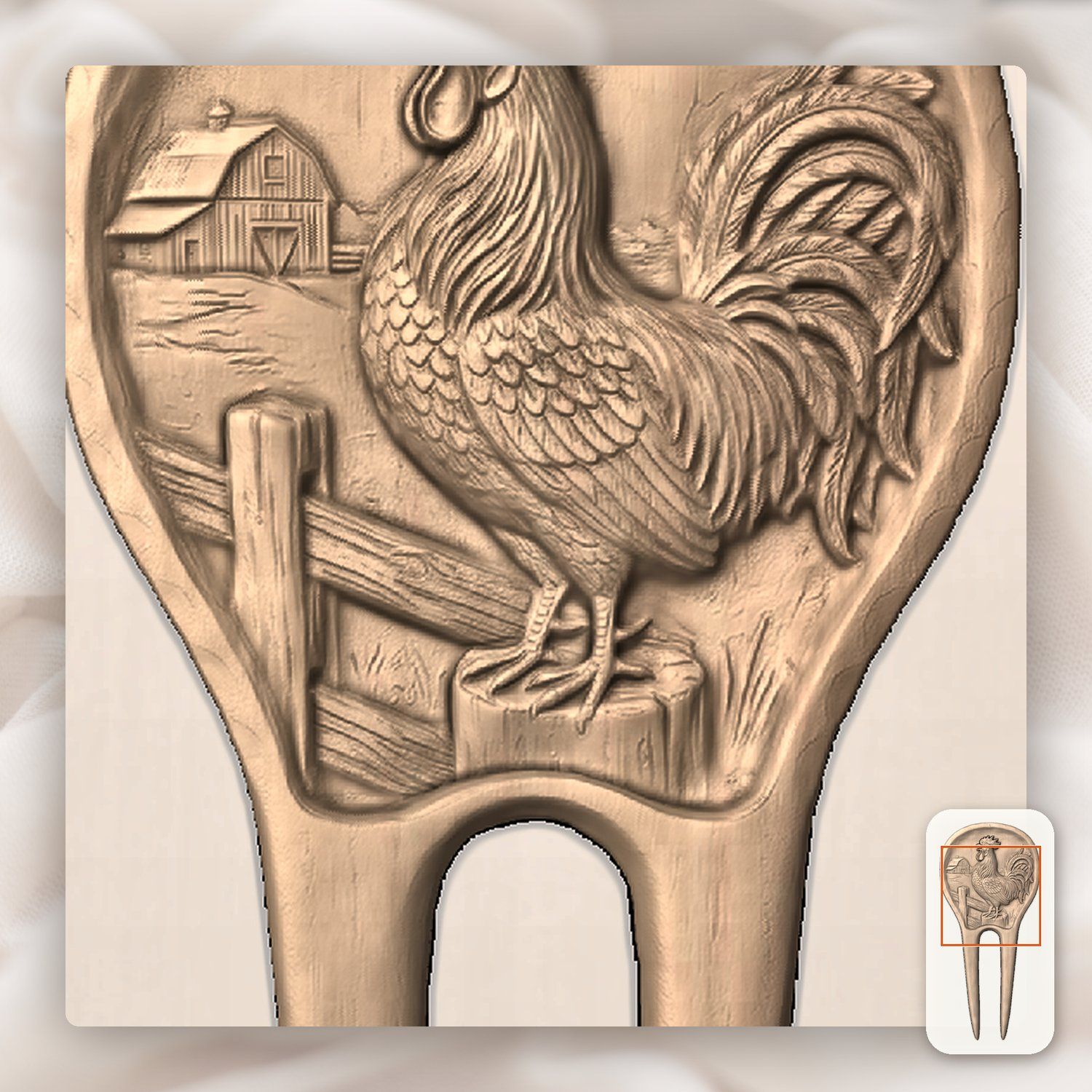 Crowing Rooster Farmhouse Hair Fork CNC Relief STL bas-relief STL — view 7