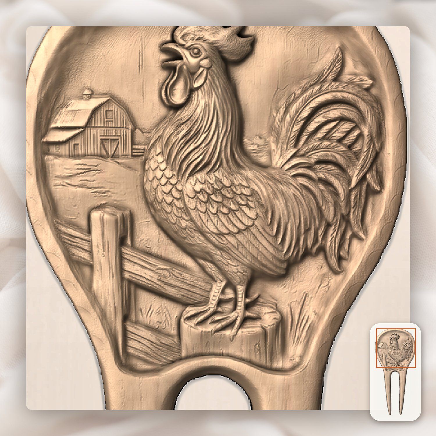 Crowing Rooster Farmhouse Hair Fork CNC Relief STL bas-relief STL — view 8