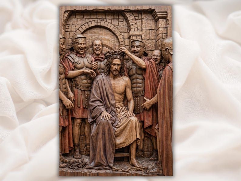 Wood relief carving of soldiers placing the crown of thorns on seated Jesus before a stone arch