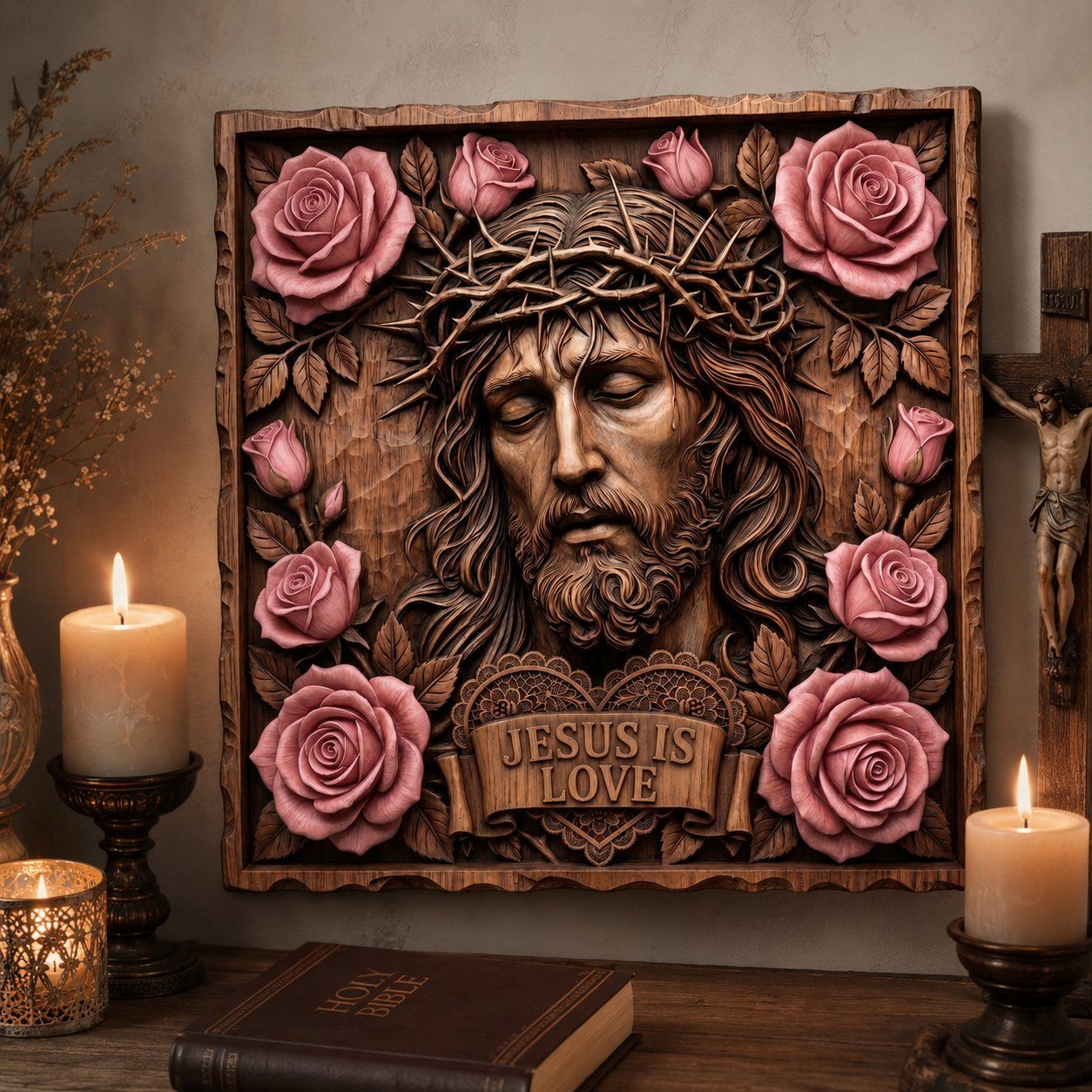 Crown of Thorns Jesus Sacred Heart CNC Relief STL | Christian Wall Art Panel | Religious Rose Wood Carving Design — carved bas relief STL file for CNC