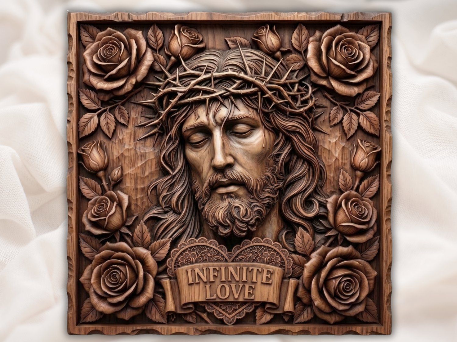 Crown of Thorns Sacred Heart Jesus CNC Relief STL | Religious Wood Carving Design | Christian Wall Art Panel | Infinite Love Decor — carved bas relief STL file for CNC
