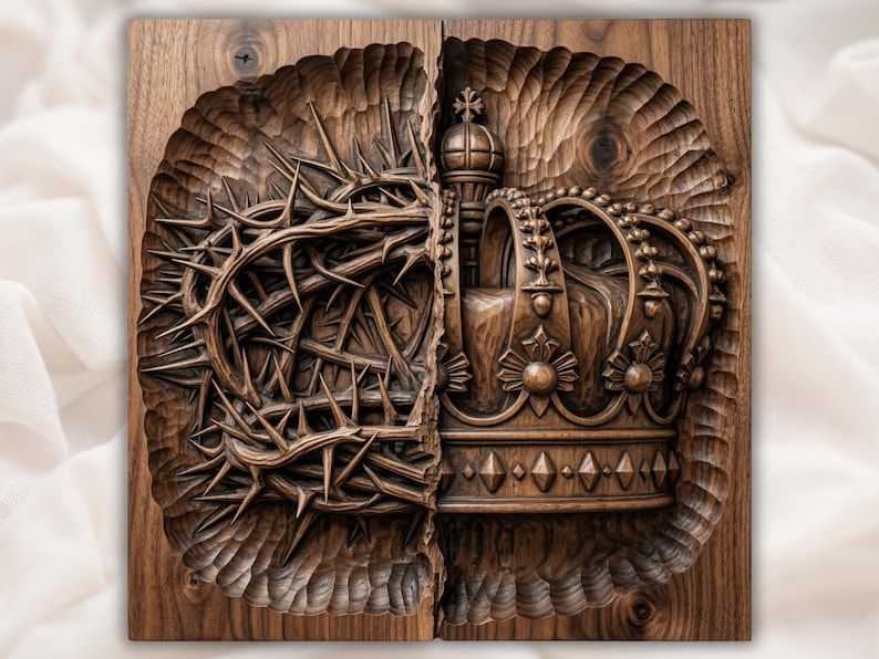 Carved wood relief split design with a crown of thorns on the left and a jeweled royal crown on the right