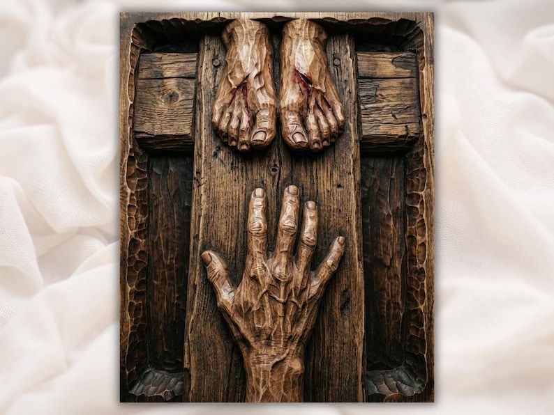 Carved wood relief of two pierced feet nailed to a cross with a reaching hand below
