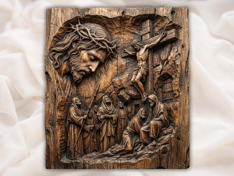 Bas-relief wood carving of the crucifixion, with the face of Christ in thorns and mourners at the cross on Calvary.