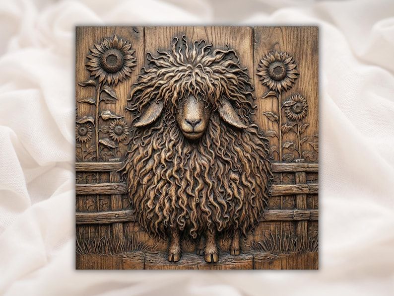 Bas-relief carving of a curly wool sheep by a rustic fence with sunflowers on a wood grain panel.