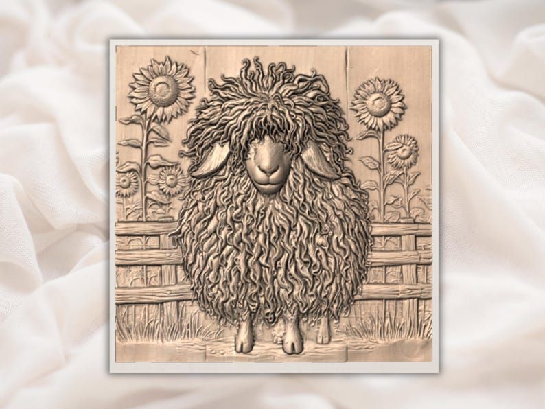 Curly Wool Sheep with Sunflowers Bas-Relief STL Carving bas-relief STL — view 2