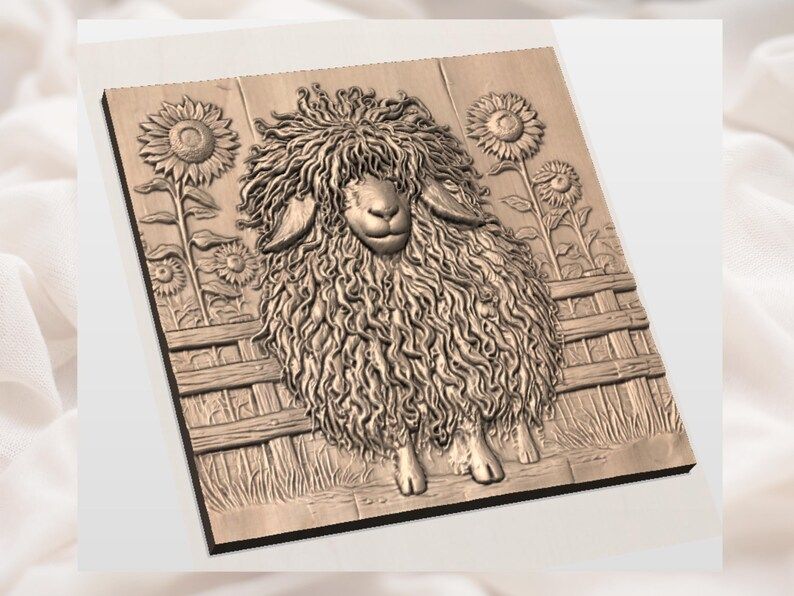 Curly Wool Sheep with Sunflowers Bas-Relief STL Carving bas-relief STL — view 3