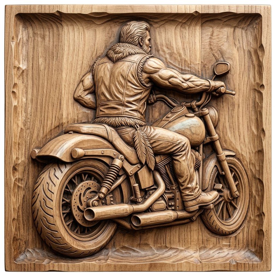 Custom Biker Wall Art Panel | Handcrafted Motorcycle Wood Carving Design | Masculine Garage Decor | Rugged Rider Bas Relief Sculpture — carved bas relief STL file for CNC