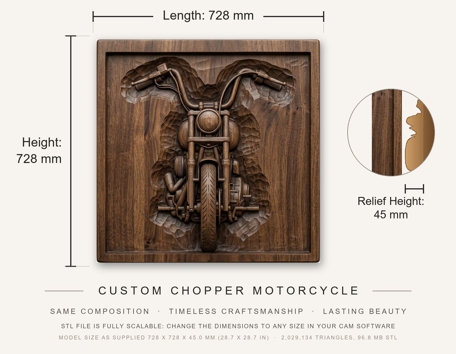 Custom Chopper Motorcycle CNC Relief STL bas-relief STL — view 3