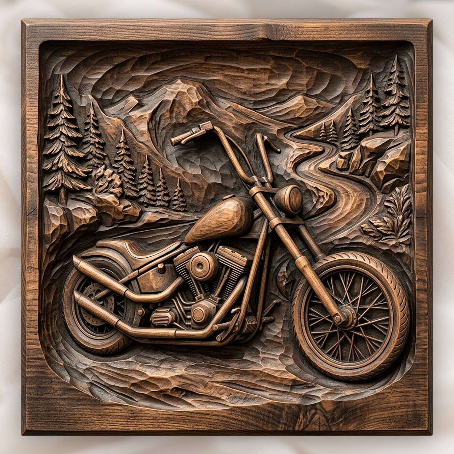 Custom Chopper Motorcycle Mountain Scene CNC Relief STL bas-relief STL design