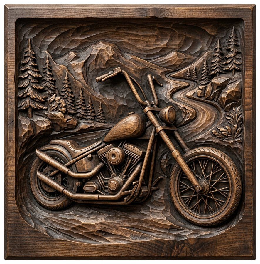 Custom Chopper Motorcycle Mountain Scene CNC Relief STL bas-relief STL — view 12