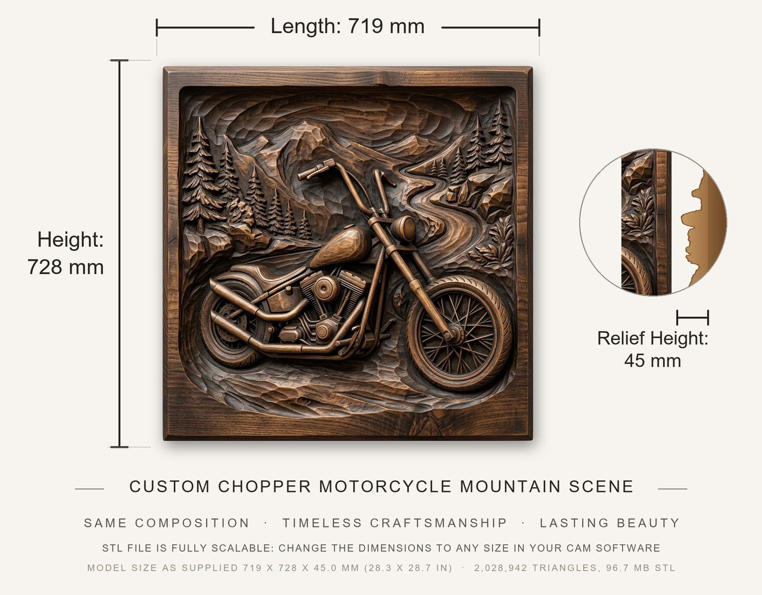 Custom Chopper Motorcycle Mountain Scene CNC Relief STL bas-relief STL — view 3