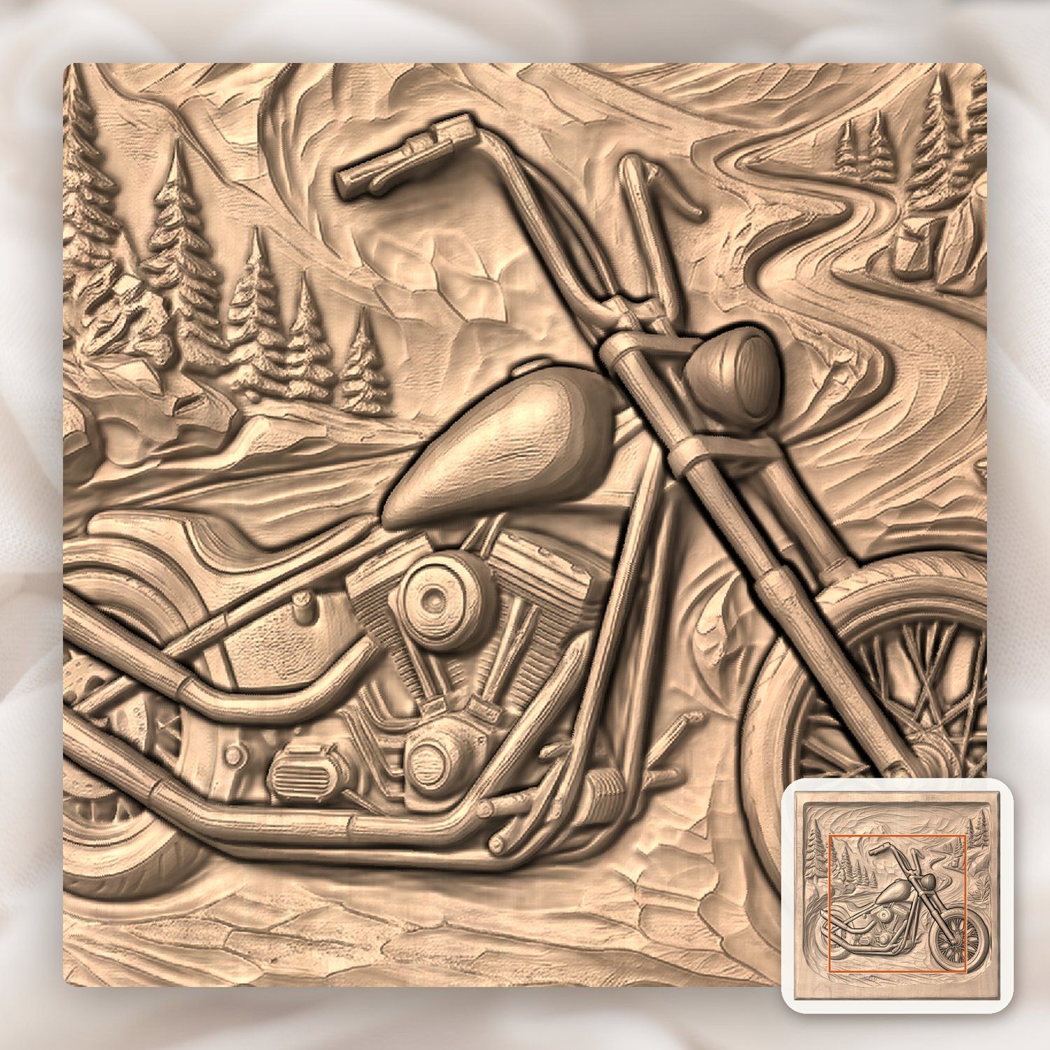 Custom Chopper Motorcycle Mountain Scene CNC Relief STL bas-relief STL — view 6