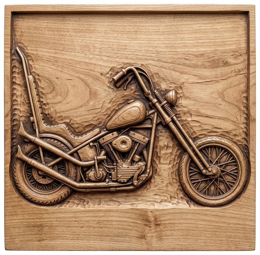 Custom Chopper Motorcycle Wood Carving Panel | Vintage Biker Wall Art Design | Rustic Garage Decor | Aspire VCarve Pro CNC Relief — carved bas relief STL file for CNC