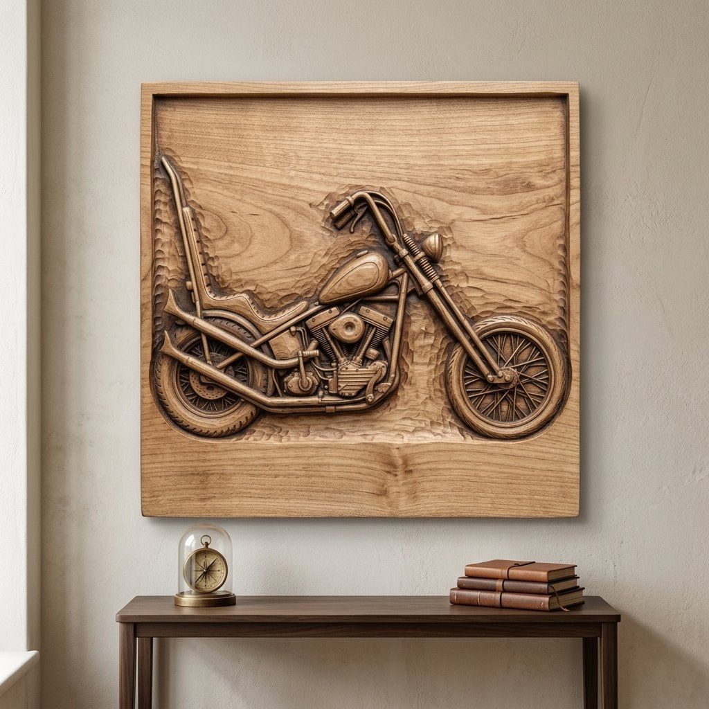 Custom Chopper Motorcycle Wood Carving Panel bas-relief STL — view 5