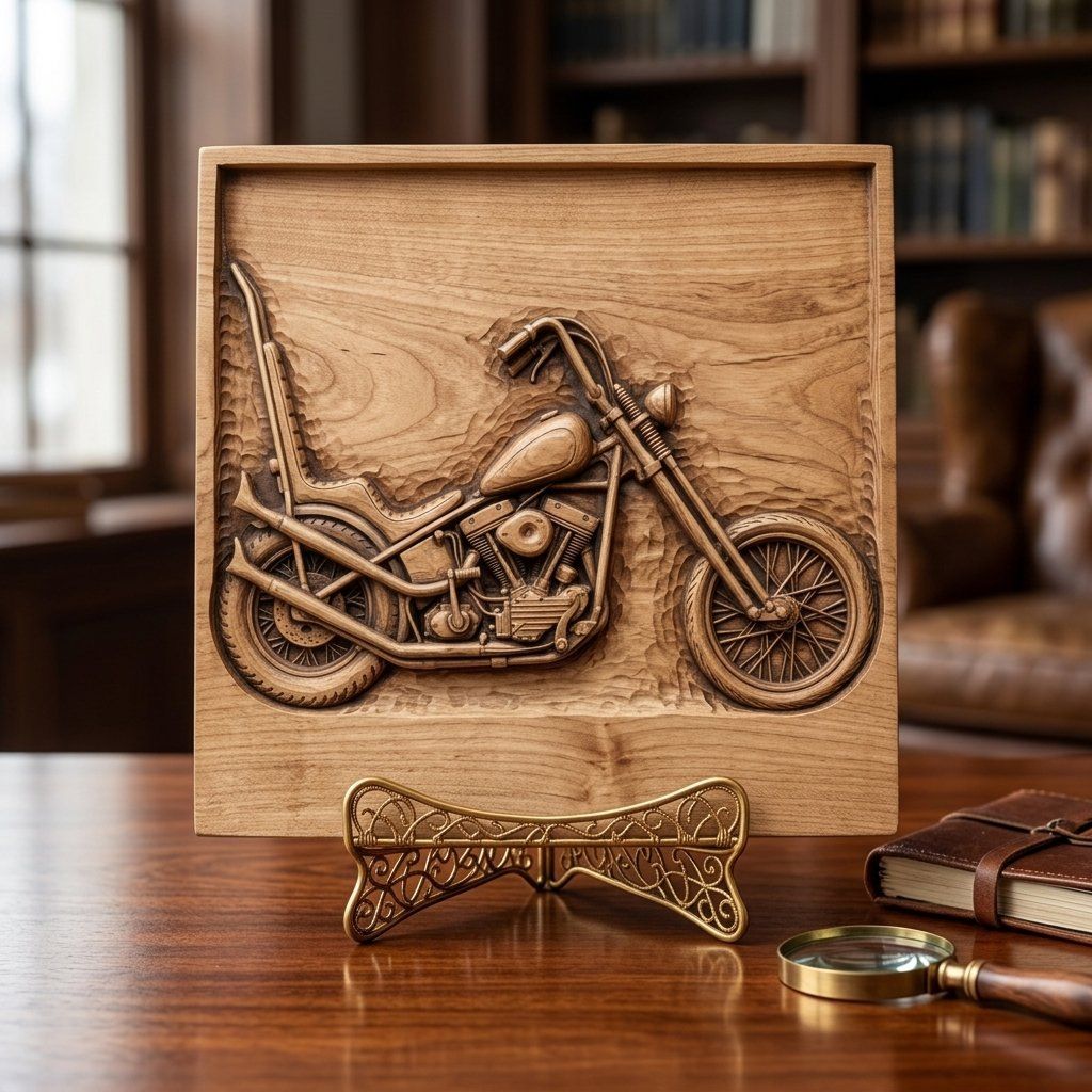 Custom Chopper Motorcycle Wood Carving Panel bas-relief STL — view 6