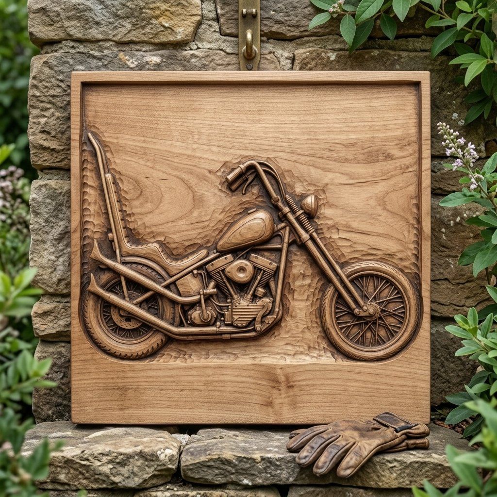 Custom Chopper Motorcycle Wood Carving Panel bas-relief STL — view 7