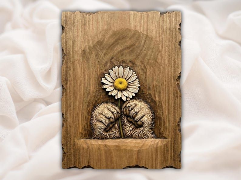 Carved wood relief of two furry animal paws holding a single white daisy with a yellow center