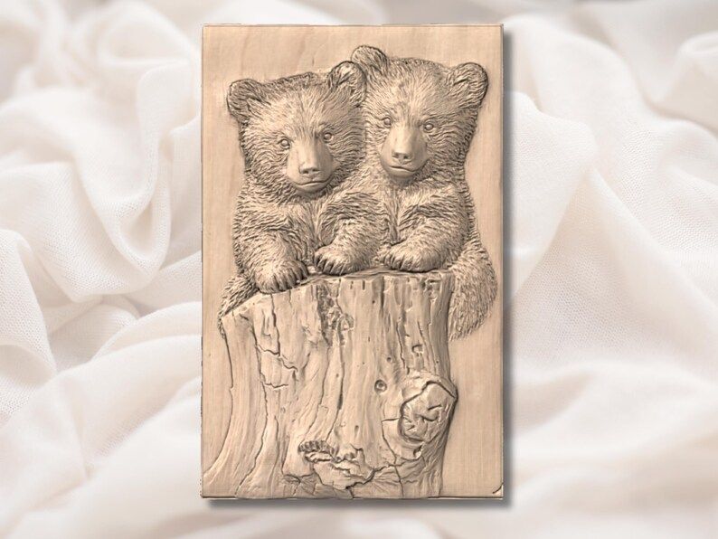 Two Bear Cubs Peeking Over a Tree Stump Bas-Relief STL bas-relief STL — view 2