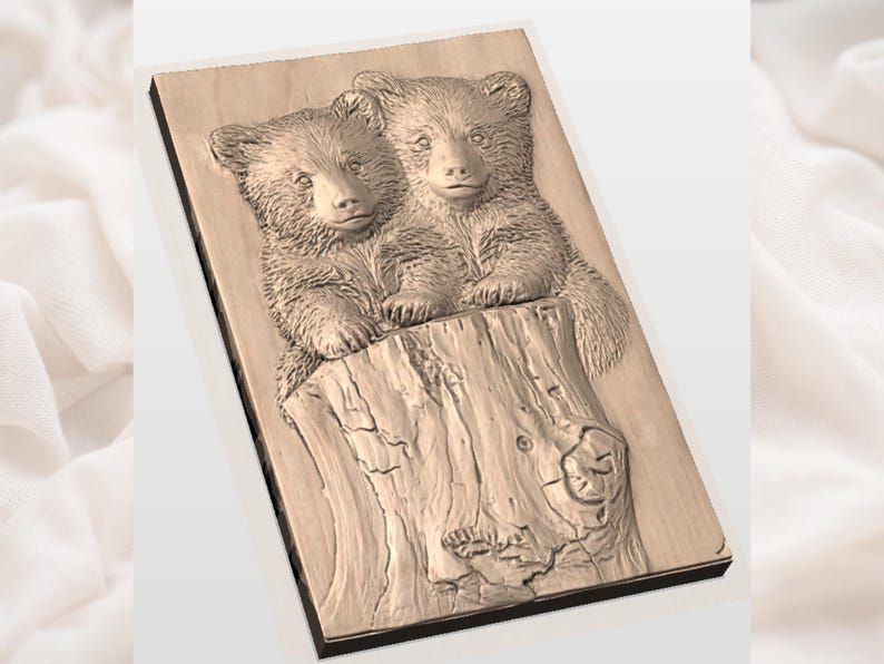 Two Bear Cubs Peeking Over a Tree Stump Bas-Relief STL bas-relief STL — view 3