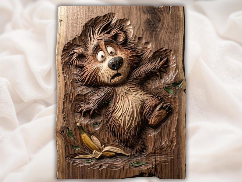 Bas-relief wood carving of a startled cartoon bear with arms back and a banana peel at his feet