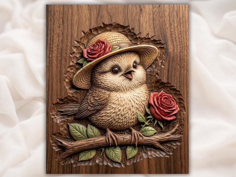 Bas-relief carving of a baby bird wearing a straw hat on a branch with two red roses and green leaves