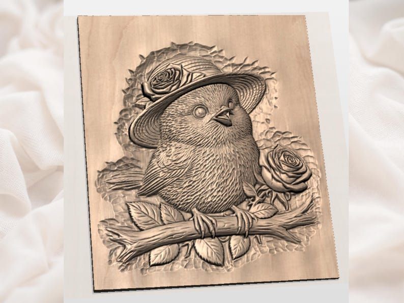 Baby Bird in a Straw Hat with Roses Bas-Relief STL bas-relief STL — view 2