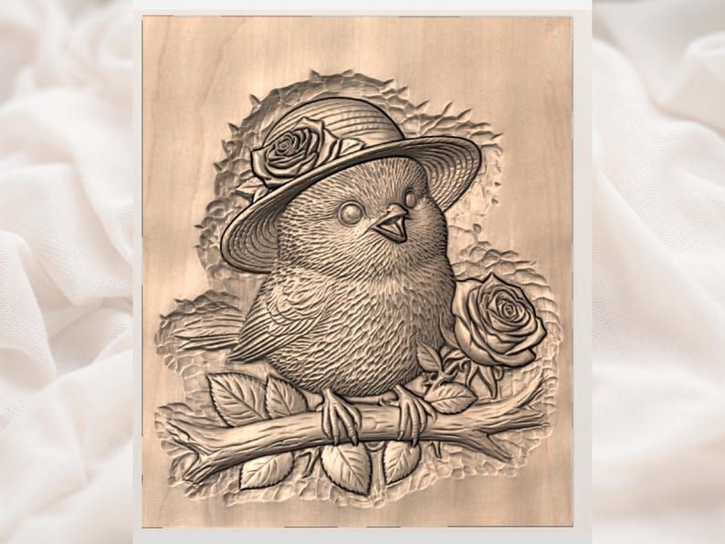 Baby Bird in a Straw Hat with Roses Bas-Relief STL bas-relief STL — view 3