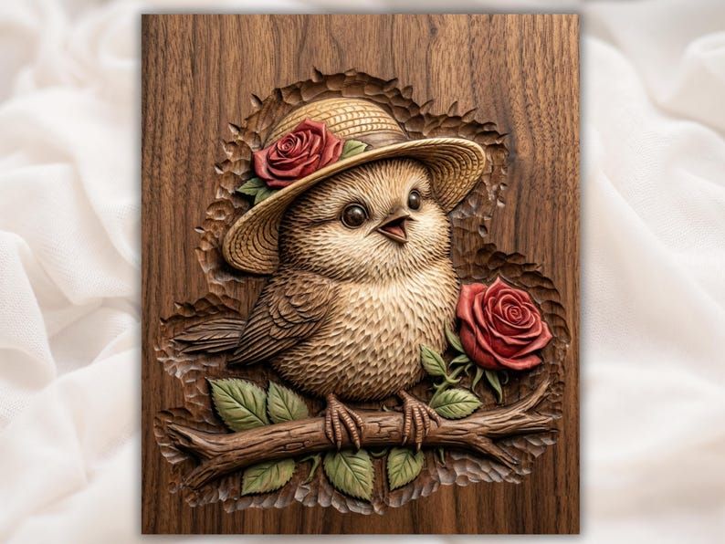Baby Bird in a Straw Hat with Roses Bas-Relief STL bas-relief STL design