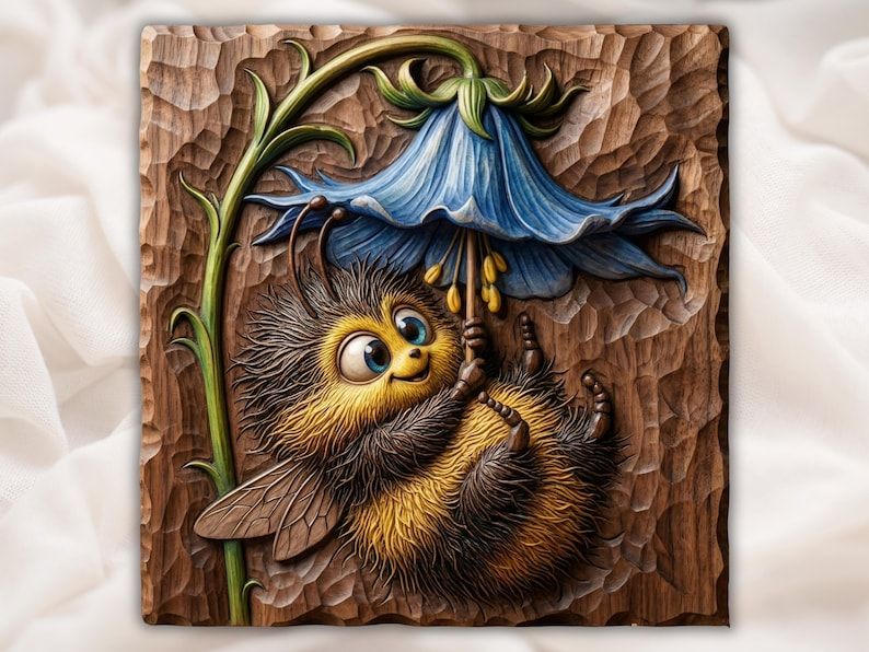 Carved bas-relief of a fuzzy bumblebee hanging beneath a blue bluebell flower on a textured wood panel