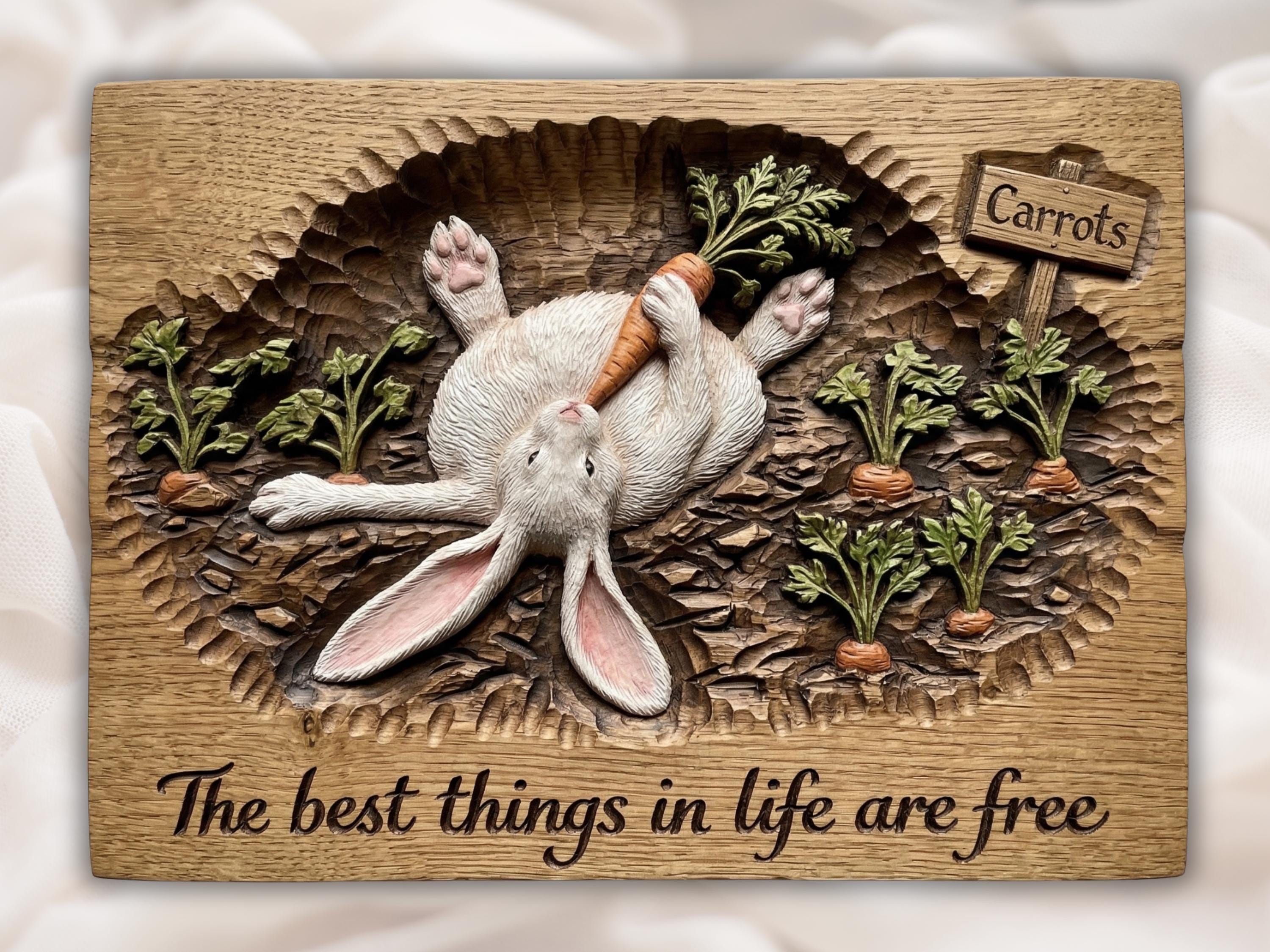Bas-relief wood carving of a white rabbit lying on its back hugging a carrot with carved script below